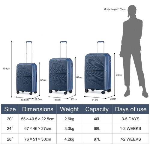 K2393L - British Traveller 3 Pcs Set Spinner Hard Shell PP Suitcase With TSA Lock - Navy