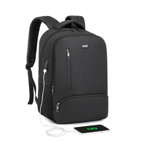 Kono Multi Compartment Backpack with USB Connectivity - Black, Stylish & Functional, Water-Repellent, Laptop Pocket, Adjustable Straps
