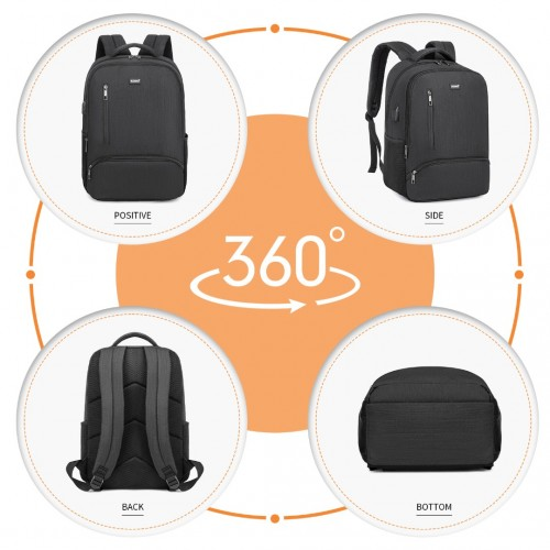Kono Multi Compartment Backpack with USB Connectivity - Black, Stylish & Functional, Water-Repellent, Laptop Pocket, Adjustable Straps