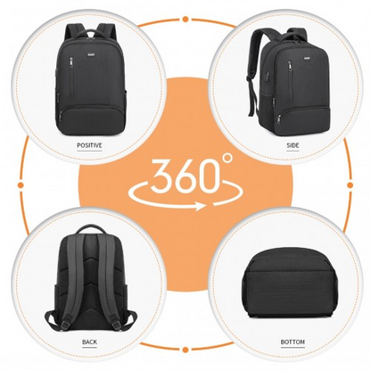 Kono Multi Compartment Backpack with USB Connectivity - Black, Stylish & Functional, Water-Repellent, Laptop Pocket, Adjustable Straps