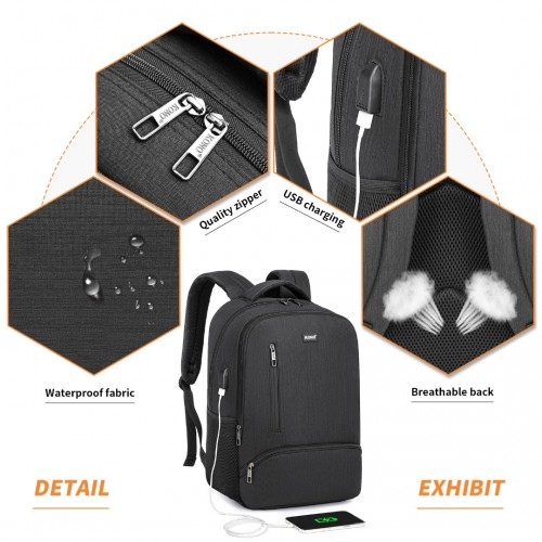 Kono Multi Compartment Backpack with USB Connectivity - Black, Stylish & Functional, Water-Repellent, Laptop Pocket, Adjustable Straps