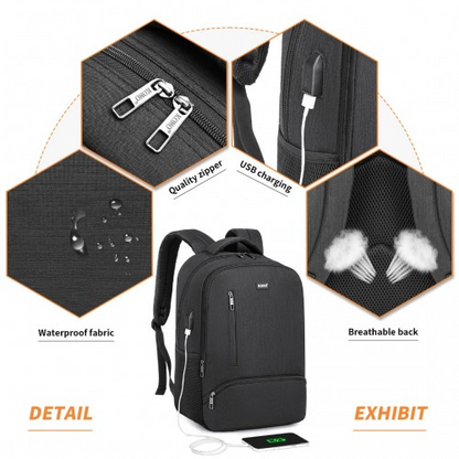 Kono Multi Compartment Backpack with USB Connectivity - Black, Stylish & Functional, Water-Repellent, Laptop Pocket, Adjustable Straps