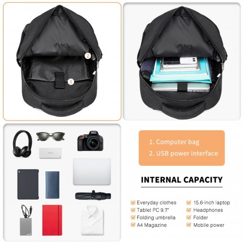 Kono Multi Compartment Backpack with USB Connectivity - Black, Stylish & Functional, Water-Repellent, Laptop Pocket, Adjustable Straps