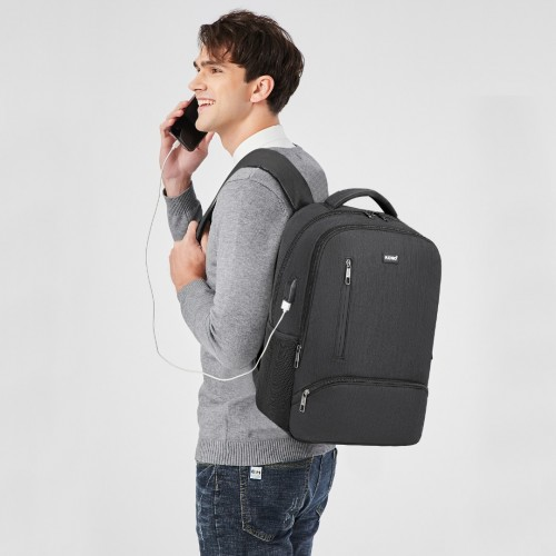 Kono Multi Compartment Backpack with USB Connectivity - Black, Stylish & Functional, Water-Repellent, Laptop Pocket, Adjustable Straps
