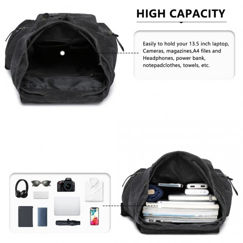 Kono Large Multi Function Leather Details Canvas Backpack - Black | Stylish & Durable Backpack for Daily Use