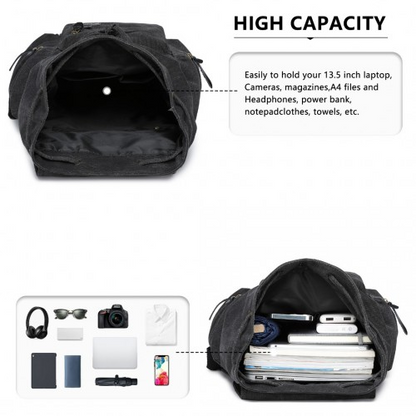 Kono Large Multi Function Leather Details Canvas Backpack - Black | Stylish & Durable Backpack for Daily Use