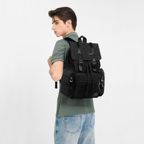 Kono Large Multi Function Leather Details Canvas Backpack - Black | Stylish & Durable Backpack for Daily Use