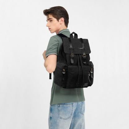 Kono Large Multi Function Leather Details Canvas Backpack - Black | Stylish & Durable Backpack for Daily Use