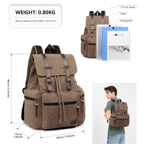 Kono Large Multi-Function Leather Canvas Backpack - Coffee | Stylish & Functional