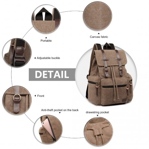 Kono Large Multi-Function Leather Canvas Backpack - Coffee | Stylish & Functional
