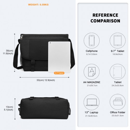 Kono High Security Messenger Bag Satchel Shoulder Bag - Black | EQ2260 | 15.6" Laptop Compatible