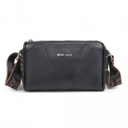 Miss Lulu Wide Strap Genuine Leather Crossbody Bag - Elegant Black Women's Shoulder Bag