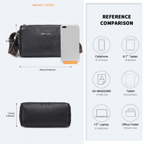 Miss Lulu Wide Strap Genuine Leather Crossbody Bag - Elegant Black Women's Shoulder Bag