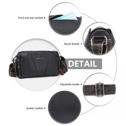 Miss Lulu Wide Strap Genuine Leather Crossbody Bag - Elegant Black Women's Shoulder Bag