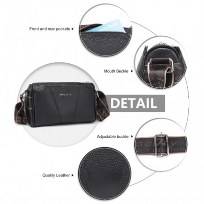 Miss Lulu Wide Strap Genuine Leather Crossbody Bag - Elegant Black Women's Shoulder Bag