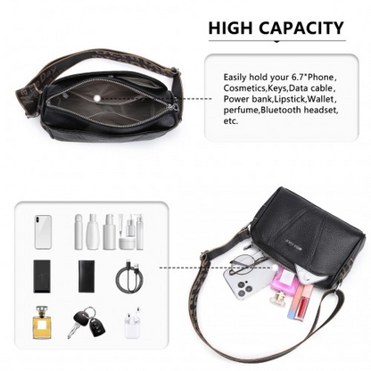 Miss Lulu Wide Strap Genuine Leather Crossbody Bag - Elegant Black Women's Shoulder Bag