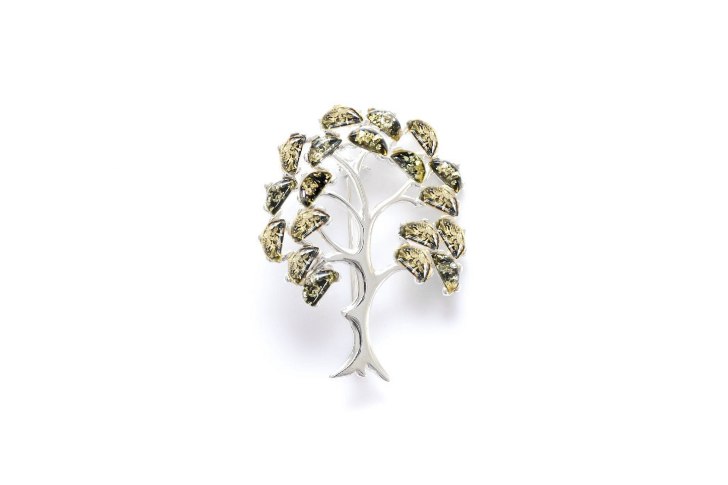 Green Amber Tree of Life Brooch - Sterling Silver with Baltic Amber Gemstones