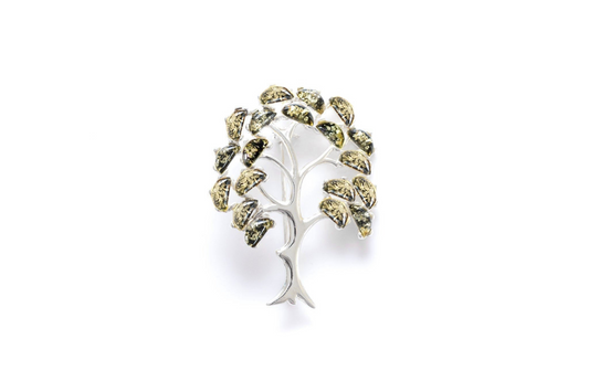 Green Amber Tree of Life Brooch - Sterling Silver with Baltic Amber Gemstones