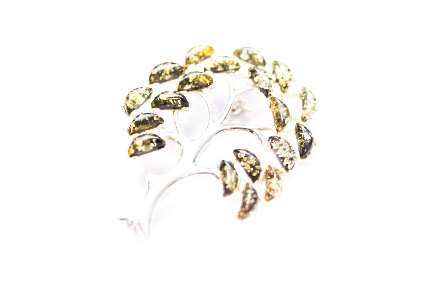 Green Amber Tree of Life Brooch - Sterling Silver with Baltic Amber Gemstones