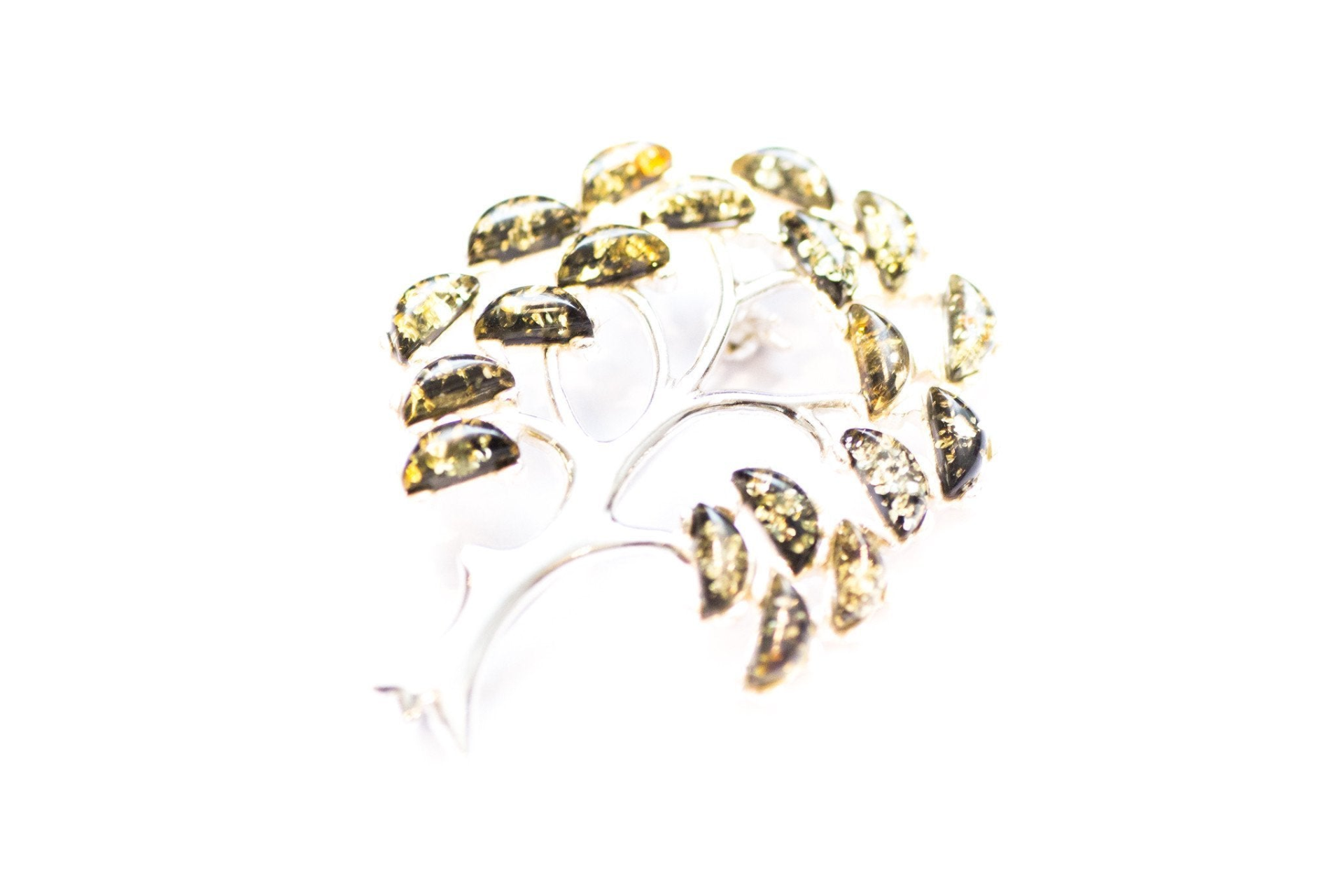 Green Amber Tree of Life Brooch - Sterling Silver with Baltic Amber Gemstones