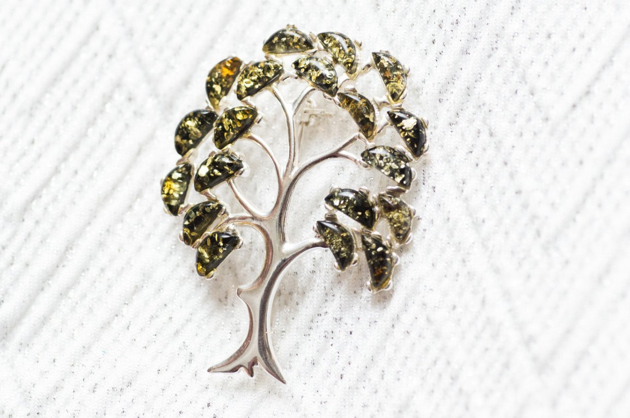 Green Amber Tree of Life Brooch - Sterling Silver with Baltic Amber Gemstones