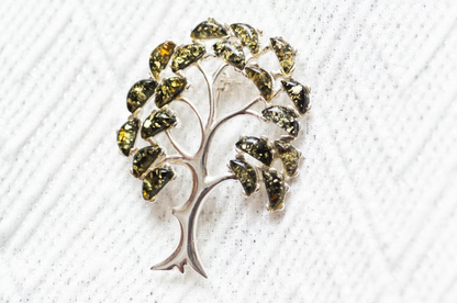 Green Amber Tree of Life Brooch - Sterling Silver with Baltic Amber Gemstones