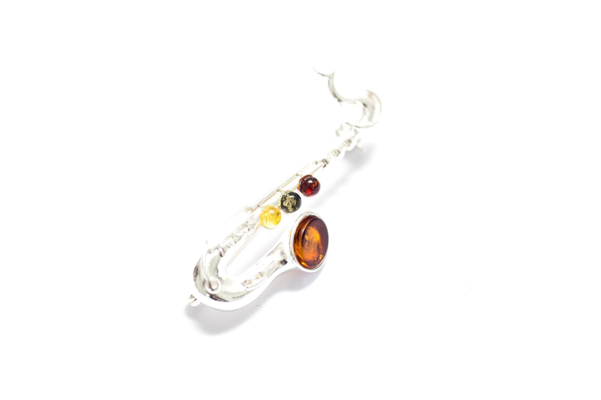 Multi Amber Saxophone Brooch | Sterling Silver & Baltic Amber