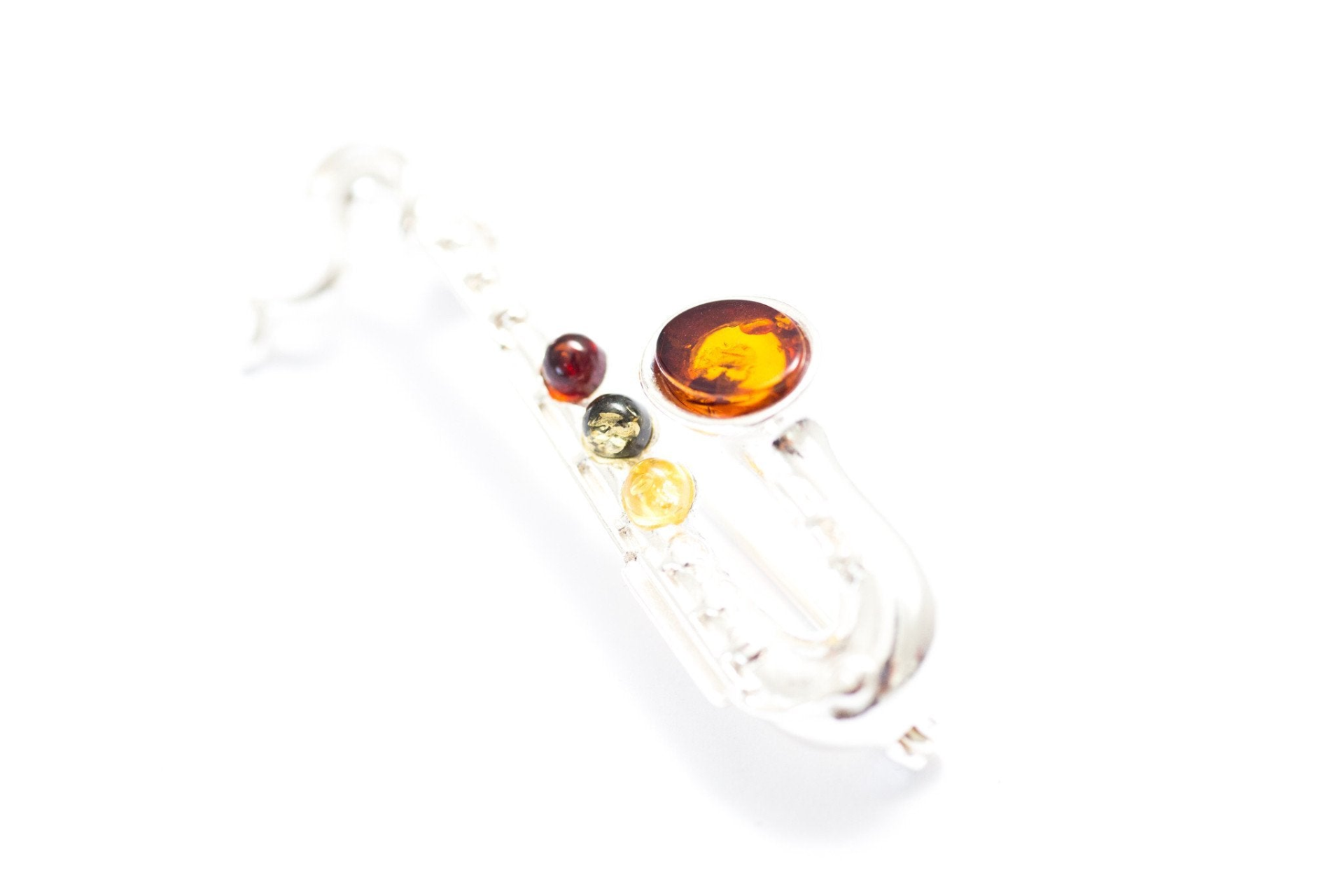 Multi Amber Saxophone Brooch | Sterling Silver & Baltic Amber