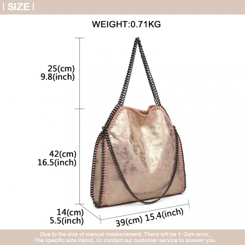 Miss Lulu Metallic Effect Chain Tote Bag - Pink | Stylish & Versatile Handbag