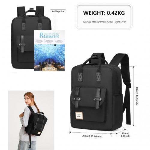 Kono Casual Daypack Lightweight Backpack Travel Bag - Full Black, Water Resistant & Versatile Design