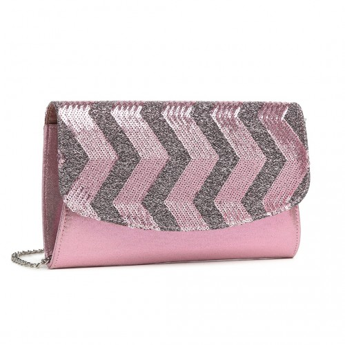 Miss Lulu Stunning Pink Sequins Evening Clutch Bag with Chain Shoulder Strap
