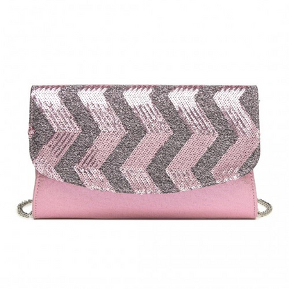 Miss Lulu Stunning Pink Sequins Evening Clutch Bag with Chain Shoulder Strap