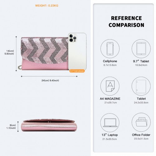 Miss Lulu Stunning Pink Sequins Evening Clutch Bag with Chain Shoulder Strap