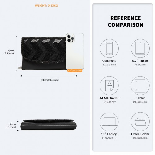 Miss Lulu Gorgeous Sequins Evening Clutch Bag with Chain - Black