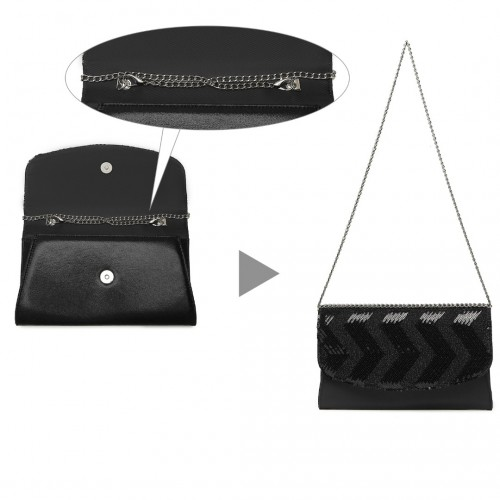 Miss Lulu Gorgeous Sequins Evening Clutch Bag with Chain - Black