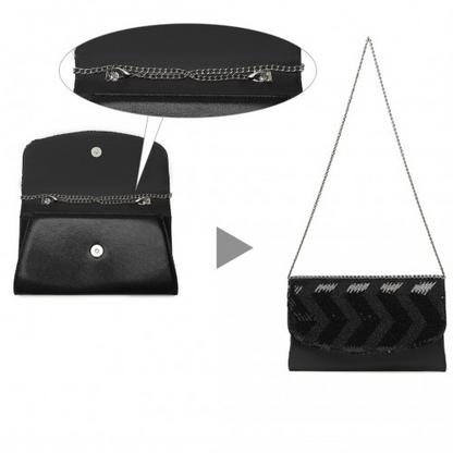 Miss Lulu Gorgeous Sequins Evening Clutch Bag with Chain - Black