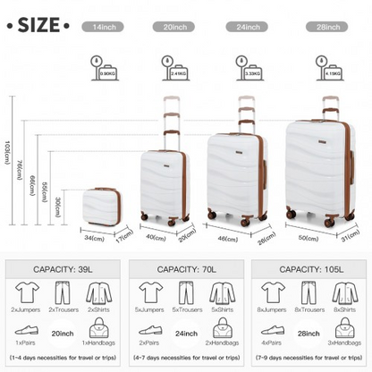 K2094L - Kono Lightweight Polypropylene Hard Shell 4 Piece Suitcase Set With TSA Lock And Vanity Case - Cream