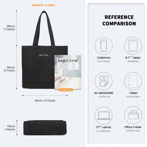 Miss Lulu Large Capacity Canvas Shopping Shoulder Bag - Black | Versatile, Stylish, and Durable