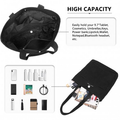 Miss Lulu Large Capacity Canvas Shopping Shoulder Bag - Black | Versatile, Stylish, and Durable