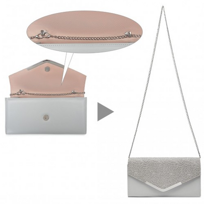 Miss Lulu Lace Envelope Flap Clutch Evening Bag - Elegant Grey Purse for Weddings, Proms, and Parties