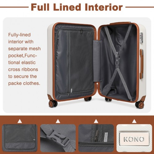 Kono 24 Inch Flexible Hard Shell ABS Suitcase With TSA Lock - Cream - Durable & Stylish Luggage