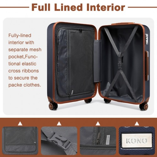 Kono 24 Inch Flexible Hard Shell ABS Suitcase with TSA Lock - Navy