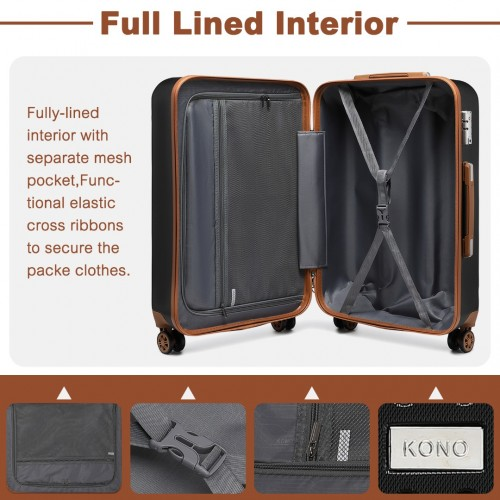 Kono 20 Inch Cabin Size Flexible Hard Shell ABS Suitcase with TSA Lock - Black