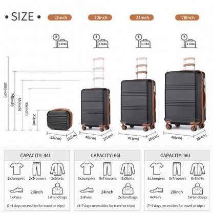 K1871-1L - Kono ABS Sculpted Horizontal Design 4 Pcs Suitcase Set With Vanity Case - Black And Brown