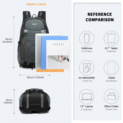 Kono Multi Functional Outdoor Hiking Backpack with Rain Cover - 40L Grey - Ideal for Hiking, Camping, Travel