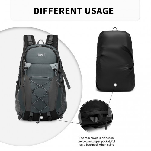 Kono Multi Functional Outdoor Hiking Backpack with Rain Cover - 40L Grey - Ideal for Hiking, Camping, Travel