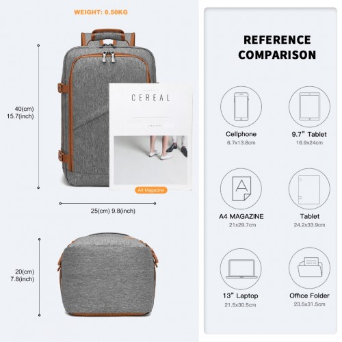 Kono Lightweight Cabin Bag Travel Business Backpack - Grey and Brown