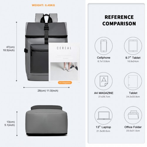 Kono Durable PVC Coated Water-resistant Stylish Backpack - Grey | 15.6 Inch Laptop Compartment