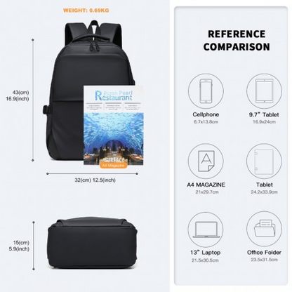 Kono Leisure Water-resistant Backpack with USB Charging Port - Black