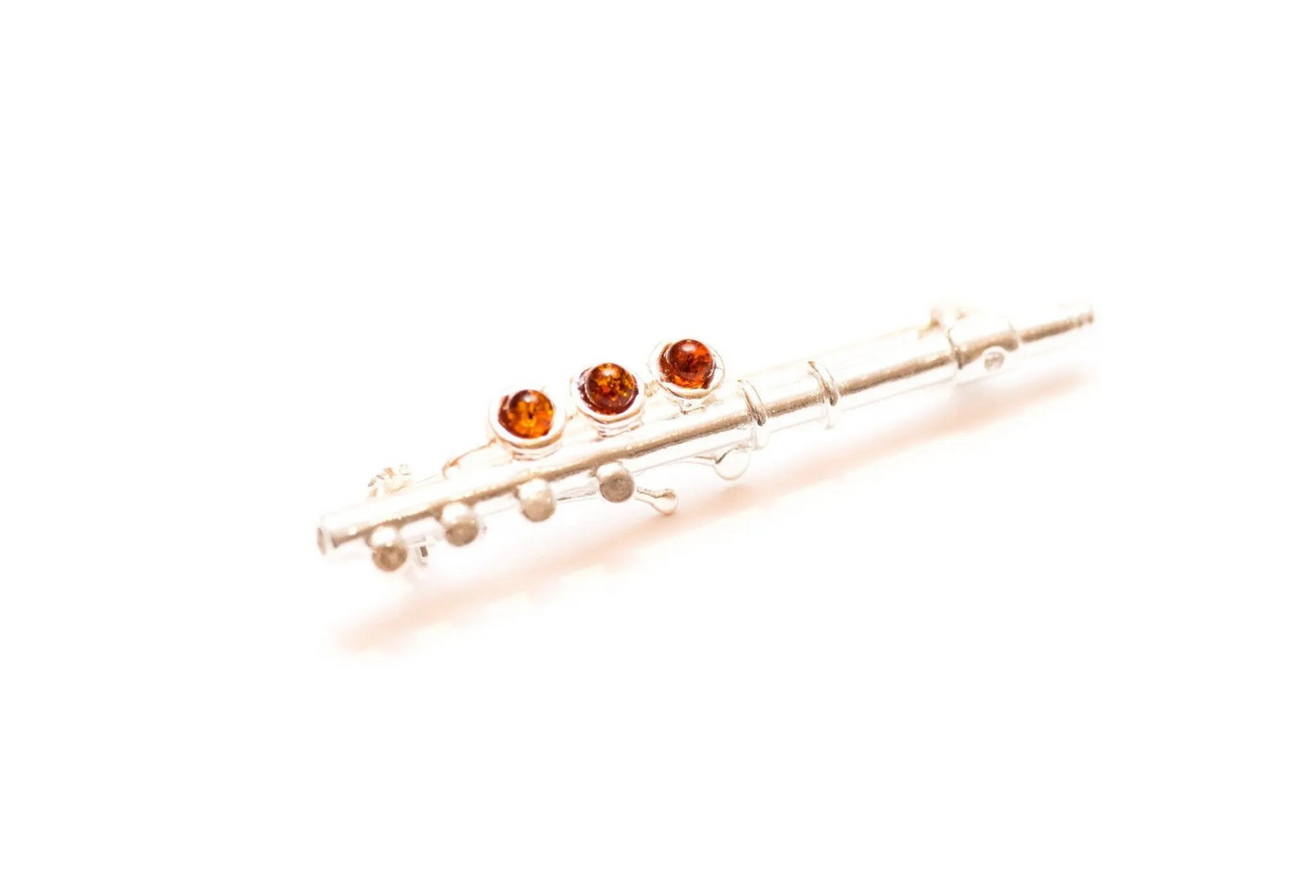 Exquisite Amber & Silver Flute Brooch - Perfect for Music Lovers